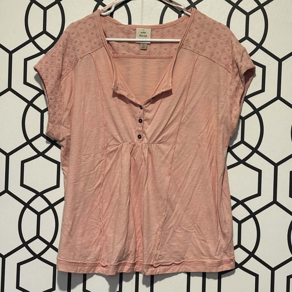 Knox Rose Women's Pink Henley Top with Embroidered Yoke Detail, Size XL